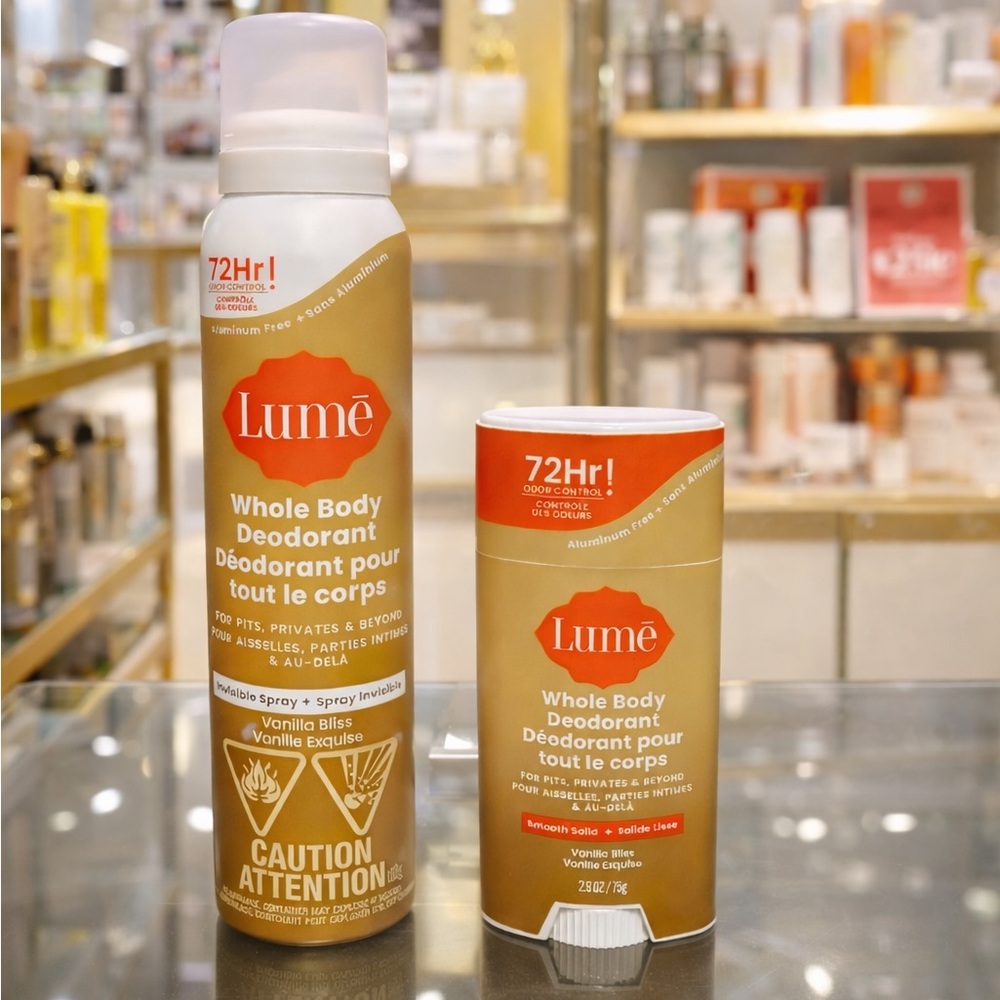 set of Lume Vanilla Whole Body Deodorant - Vanilla Cream solid and aerosol